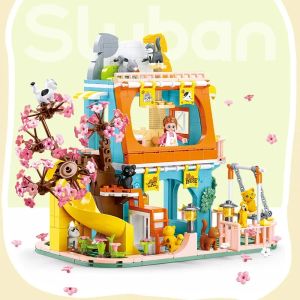 Toys Sluban Friends City Cat Hotel Sets Mädchen Aframe Tierhaus Apartment Garten Villa Sakura Baum Bausteine Tier Spielzeug Kinder Geschenk