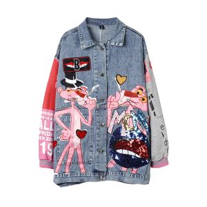 Socks Spring Autumn Fashion Sequins Cartoon Leopard Denim Jackets Loose Lady Streetwear Coats