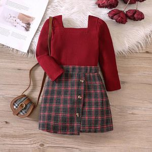 Kleidung Sets Kinder Kleidung Frühling und Herbst Red Long Sleeve Plaid Kurzrock Anzüge Mädchen Kleider Anzug Kinder Top 2pcs