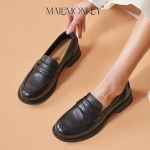 Casual Shoes Malemonkey Retro Loafers Women Cow Leather Penny 2024 Fashion Office Black Round Toe Non-Slip Flats Female Handmade
