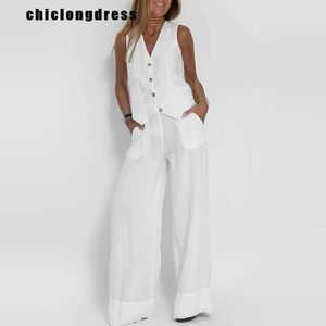 Damen zweisteuelhafte Hosen Sommer Modeweste zweiteilige Frauen Casual Button Slveless Weste Wide Bein Hosen zweiteilige Frauen Y240426i70g