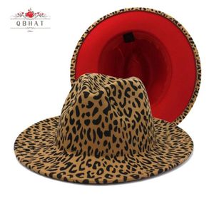 QBHAT 2021 Широкий край леопарда Fedora Ladies Wool Feel Hat Women Men Men Party Trilby Jazz Hats Patchwork Panama Cap8668787