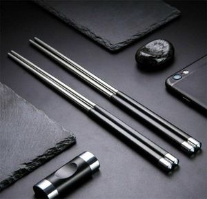 Toppkvalitet 304 rostfritt stål pinnar med svart slipresistent täckning Hållbar metallpinnar Restaurang Square Chopsticks5315938