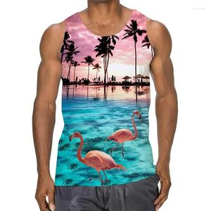 Herrtankstoppar 2024 Hawaiian stil semester 3d flamingo tryck sommar gym kläder casual ärmlös topp fitness sport västar