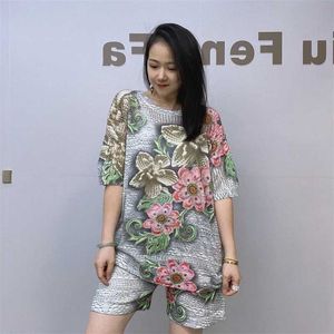 Women's Two Piece Pants Womens Casual Knitted Sets Short Slved Shorts Sets Summer Two-piece Set Loose Suit Women Pattern Priting Thin Set Y240426