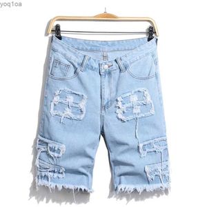 Men's Jeans Street clothing summer mens eyelet patch patchwork denim shorts fashionable solid mens casual straight jeans five point pantsL2404