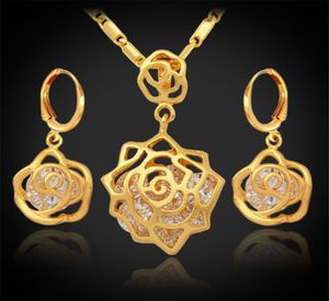 Vintage Infinity Elegant Rose Cubic Zirconia örhängen Pendant Set 18k Real Gold Plated Fashion Smyckesuppsättningar för kvinnor6545674