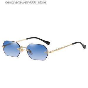 Sunglasses Borderless rectangular sunglasses small mens glasses womens metal gold polygonal blue shadow 2022 UV400 frameless Q240425