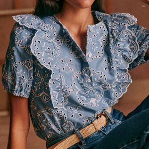 Women's Blouses Women Shirt 2024 Summer Blue Retro Embroidery Ruffled Cardigan Loose