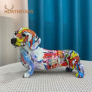 Northeuins żywica Dachshund Pain Paint Graffiti Art Figurki do kolekcji wnętrz Przedmiot domowy salon Dectop Decor Obiekt 240416