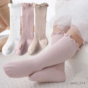 Meias infantis meias da primavera garotas meias crianças joelhos altas com babados de algodão sólido meias longas