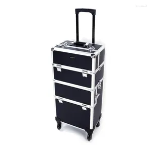 Aufbewahrungsboxen 3 in 1 Rolling Make -up -Zughülle Aluminium Reiseorganisator Kosmetische Kosmetik Display Koffer auf Rädern Schönheit