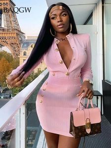 Lässige Kleider Winter sexy Langarm Golid Button Patchwork Pink Mini Frauen Bodycon Luxusbandkleid Elegante Abendclubparty