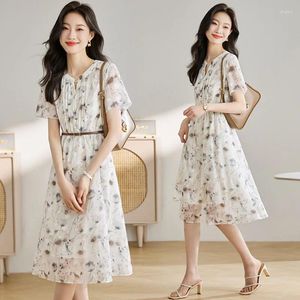 Party Dresses Limiguyue Floral Printed Pleat Silk Summer Women French Short Sleeves Belt A-Line Dress Diamond Button Vestidos Z115