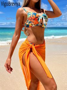 Vigobreviya sexy print 3 piepe massiv mesh skirten bikini set badwear women 2024 schnallpuppen up badeanzug sommer badeanzug 240415