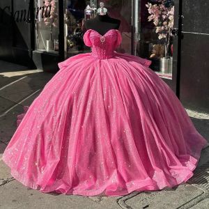 Pink Glitter Crystal Pearls Beading Ball Gown Quinceanera Dresses Off The Shoulder Bow Sweet 16 Vestidos de 15 Anos