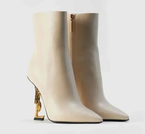 Projektant luksusowe zimowe buty na kostce opyum botki damskie wysokie obcasy damskie jesienne cielę skórzane spiczasty czarno -białe luksusowe marki fabryczne buty fabryczne
