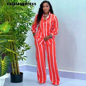 Women's Two Piece Pants Summer Fashion Stripe Two Piece Set African Women Casual Button Long Slved Shirt Wide Leg Pants Two Piece Set Women Y240426