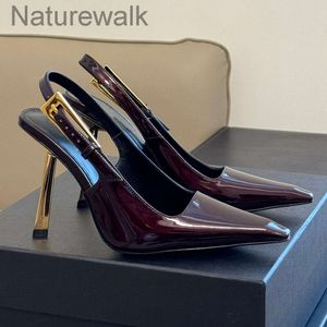 2024 Slingback Women Heels Дизайнерские треугольные насосы черное кожаное платье с заостренным платьем Paty Shoes Sandal