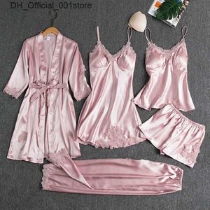 Sexig uppsättning 5 bitar av sidenpyjamas kvinnors spets satin pyjama set v-hals cami hem våren q240426