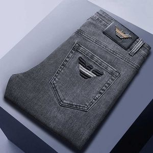 Summer 2023 Thin Mens Jeans Mid Waist Slim Fit Straight Barrel Grey Elastic Embroidery Brand Direct Goods