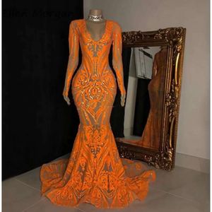 Sparkling Prom Orange Sequins Mermaid Dresses African Lace V Neck Long Sleeves Evening Gowns Sweep Train Formal Party Dress