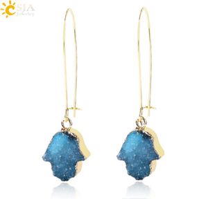 CSJA HAMSA Ręka Fatima Gold Dangle Kolczyki dla kobiet Purple zielony niebieski Naturalny Druzy Drusy Druse Constone Boho Ear Jewell7275877