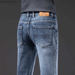 Men's Jeans 2023 Autumn New Mens Regular Slim Fit Elastic Jeans Classic Style Smoke Grey Fashion Casual Denim Pants Mens Brand Trousers BlueL2404
