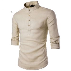 Svart bomullslinne Skjorta Män Autumn rullade upp ärmen Mens Casual Dress Shirts Slim Fit Henley Male Chemise Homme