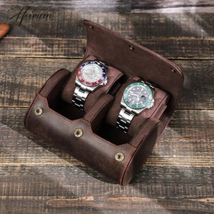 Vintage Leather 2 Slots Watch Roll Travel Case Chic Portable Display Watches Men Storage Box With Slid in Out Arrangörer 240415