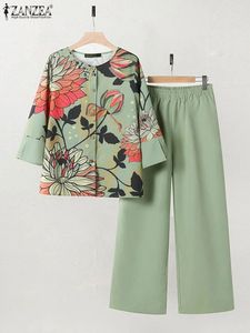 2st Summer Wide Leg Pant Set Vintage 3/4 Sleeve Floral Blus Byxor passar Zanzea Bohemain Tracksuits Women Matching Set 240417