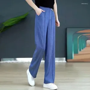 Women's Jeans Summer Female 2024 Elastic Waist Comfortable Straight Denim Pants Women Ice Silk Wide Leg Pant Blue Black Trousers