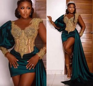 Gorgeous Gold Embroidery Lace Rhinestones Prom Dresses Aso Ebi Nigeria Black Women Formal Evening Gowns With Puff Sleeves Short Mini Cocktail Party Dress