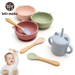 Lets Make Baby Tableware Feeding Silicone Cartoon Cat Series Sippy Cup BPA Free Spoon Food Grade Silicone Bowl Kids Tableware 240416