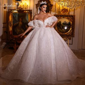 Sparkly Bling Lace Ball Gown Wedding Dress Off Shoulder Short Puff Sleeves princess Bridal Gowns embroidered With Multi-layered Lace