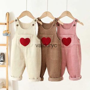 Rompers 1-4y Spring Kids Baby Clothes Heart Brodery Baby Boys Girls Bib Pants Solid Overalls Corduroy Casual Suspender Outwear H240429