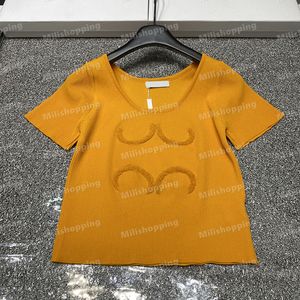 Handduk broderi tees loe kort ärmstickor u nack stickad skörd topp sommar kvinnor designer kläder