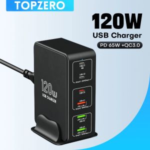 Chargers 120W USB Type C Charger 6 Ports Desktop Charging Station For iPhone 14 Pro Max Samsung PD 65W Fast Charger For Laptop Tablet