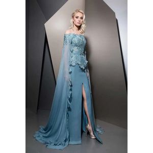 Evening Front With Split Dresses Cape Beaded Off The Shoulder Prom Gowns Vestidos De Fiesta Sweep Train Satin Appliqued Formal Dress