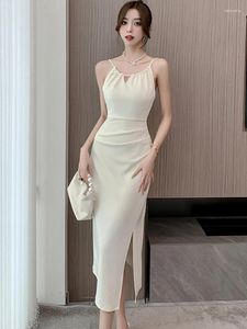 Casual Dresses White Hollow Out Sexy Sling Long Dress for Women 2024 Korean Luxury Elegant Party Evening Summer Fashion Bodycon Prom Robe