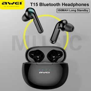 Fones de ouvido AWEI T15 Bluetooth Headphones Tws Longo Earbuds de espera de 350mAh Sport Sport Headsets Deep Bass Earphones LED Power Display com microfone