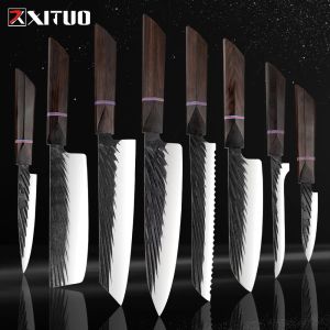 السكاكين Xituo عالية الكربون المطبخ السكاكين المصنوعة يدويا اليابانية سكين شيف سكين مجموعة الساطور كيريتسوكي سانتوكو فائدة سكين