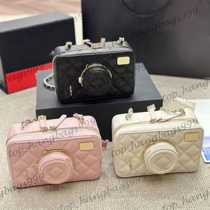 24Ss Latest Designer Lambskin Makeup Vanity Camera Box Bags With Mirror Zipper Pouch Black White Pink Large Capacity Gold Chain Crossbody Trunk Serial Number 18cm