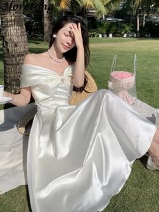 Horetong Bow Slash Neck Sexy Dress Summer Women White Fairy Elegant A-Line Midi платья женская вечеринка выпускная одежда Vestdios 240418