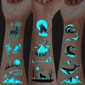 Tattoo Transfer 12pcs Waterproof Temporary Tattoo Sticker Mountains wolves whales star noctilucent Fake Tatto Flash Tatoo Tato for Women Men 240426