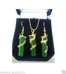 Kostymsmycken Green Jade Dragon Necklace Pendant Earring SetSltltlt7541343