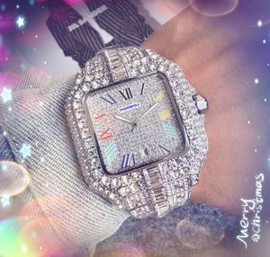 Full Diamonds Ring Quartz Battery Core Watch Män Square Roman Tank Dial Clock Shiny Starry Rostfritt stål Rose Gold Silver Cool Wristwatch Montre de Luxe Gifts