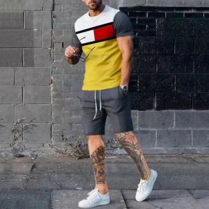 Shirts Men Patchwork Streetwear Shortsleeve Fiess Homewear Tshirt + Pant 2 Pieces Set Outdoor Male Tracksuits Summer Casual Outfits