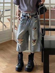 Houzhou Vintage Blue Raped Short Dżinsy Kobiety Zakryty Jorts Jorts Y2K grunge workowate chłopak dżinsowe Szorki Streetwear 240425