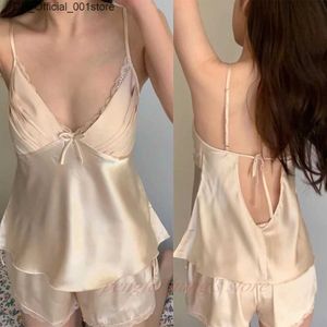 Sexy Set Womens satin evening dress elegant shoulder strap top and shorts sexy lace decoration pajama set 2PCS underwear loose fitting home clothing Q240426